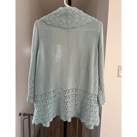 EUC  Vintage Womens Croft & Barrow Open Front Knit Cardigan Light Blue Lace Trim - Picture 2 of 7